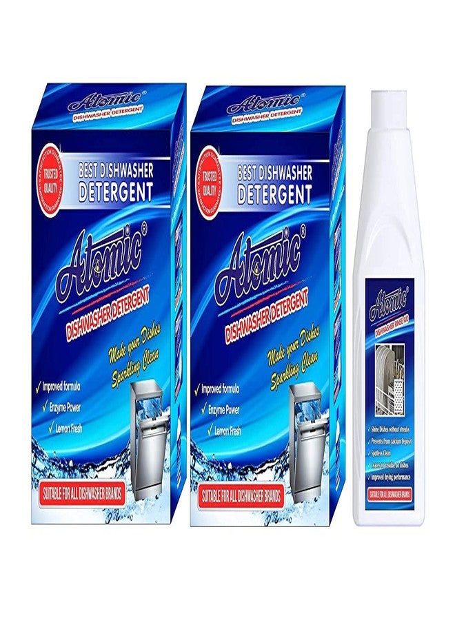 Atomic Dishwasher Detergent Powder- 900GM, Pack of 2 + Rinse Aid 400ml For Shine & Dry Dishes Sparkling with Lemon Fresh - Image 1