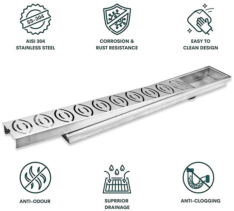 Primax 304 Grade Stainless Steel Long Shower DrainFloor TrapJali Removeble GrateLid for Bathroom and Kitchen 10 x 45 cm Matt D418Lotus - Image 2