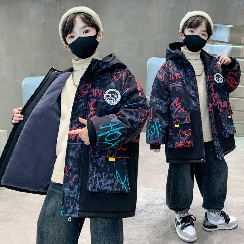 Boys' Outwear For Style, Mid-Length Winter Style For Older Boys, Fleece-Lined And Thickened, Stylish Parka - Image 1