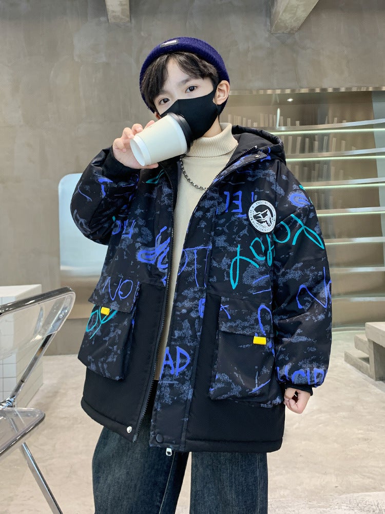 Boys' Outwear For Style, Mid-Length Winter Style For Older Boys, Fleece-Lined And Thickened, Stylish Parka - Image 3