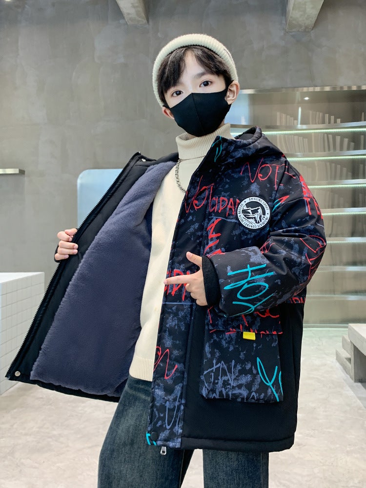 Boys' Outwear For Style, Mid-Length Winter Style For Older Boys, Fleece-Lined And Thickened, Stylish Parka - Image 2