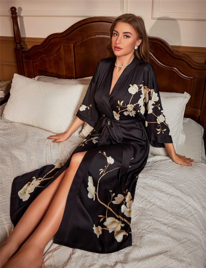 Kihnop Women's Floral Long Kimono Robe Long Satin Robe Long Silk Robe Ladies Kimonos Bachelorette Robe, One Size - Image 5