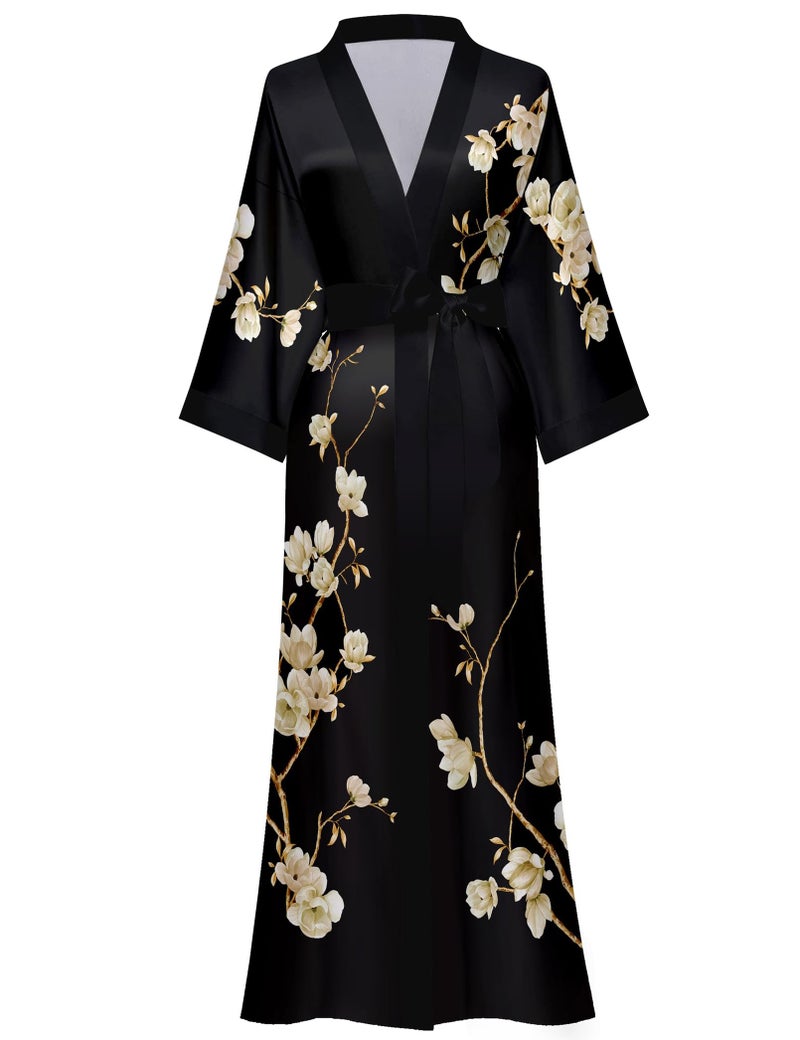 Kihnop Women's Floral Long Kimono Robe Long Satin Robe Long Silk Robe Ladies Kimonos Bachelorette Robe, One Size - Image 1