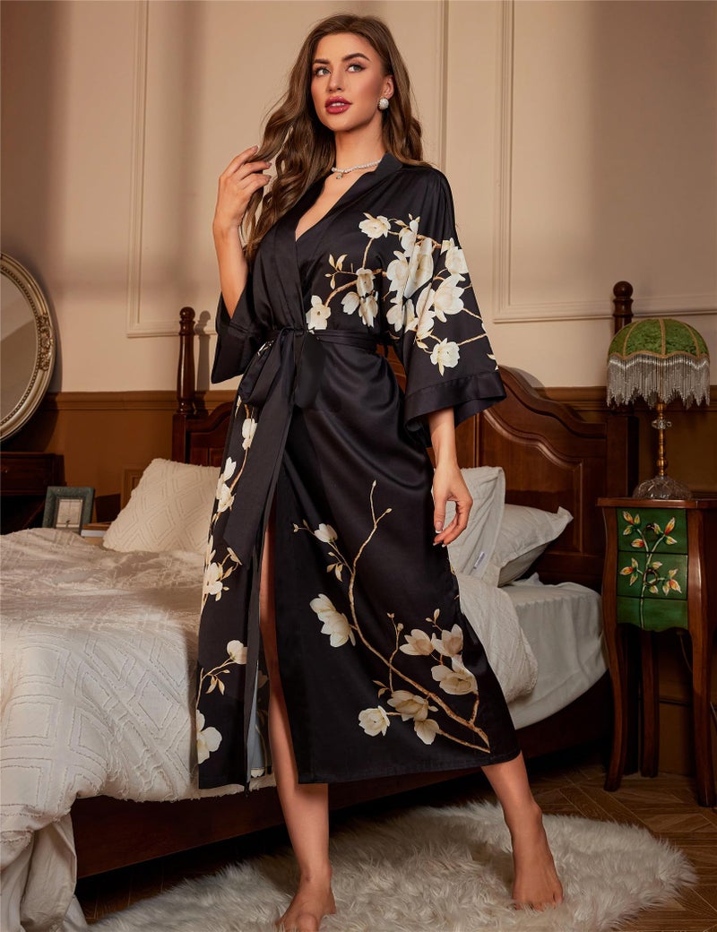 Kihnop Women's Floral Long Kimono Robe Long Satin Robe Long Silk Robe Ladies Kimonos Bachelorette Robe, One Size - Image 4