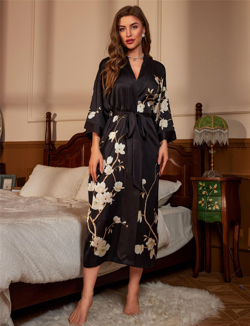 Kihnop Women's Floral Long Kimono Robe Long Satin Robe Long Silk Robe Ladies Kimonos Bachelorette Robe, One Size - Image 3