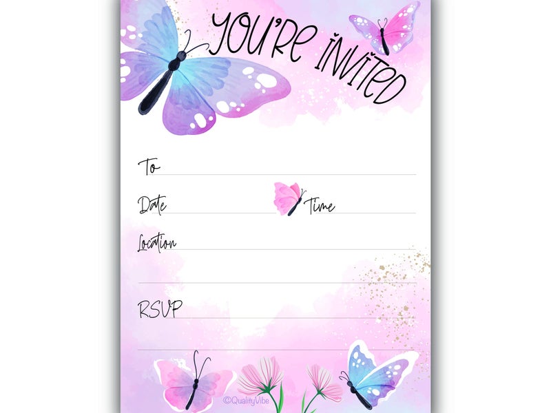 QualityVibe 25 Butterfly Invitations With Envelopes, Fill In Style You're Invited, Baby Showers, Bridal Showers & Outdoor Spring Parties. Thick & Non Coated Cardstock For Use With Any Pen. - Image 1