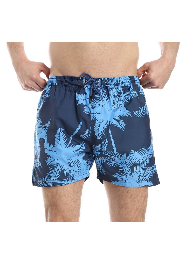 Pavone Palm Pattern Elastic Waist Swim Shorts - Shades of Blue - Image 1