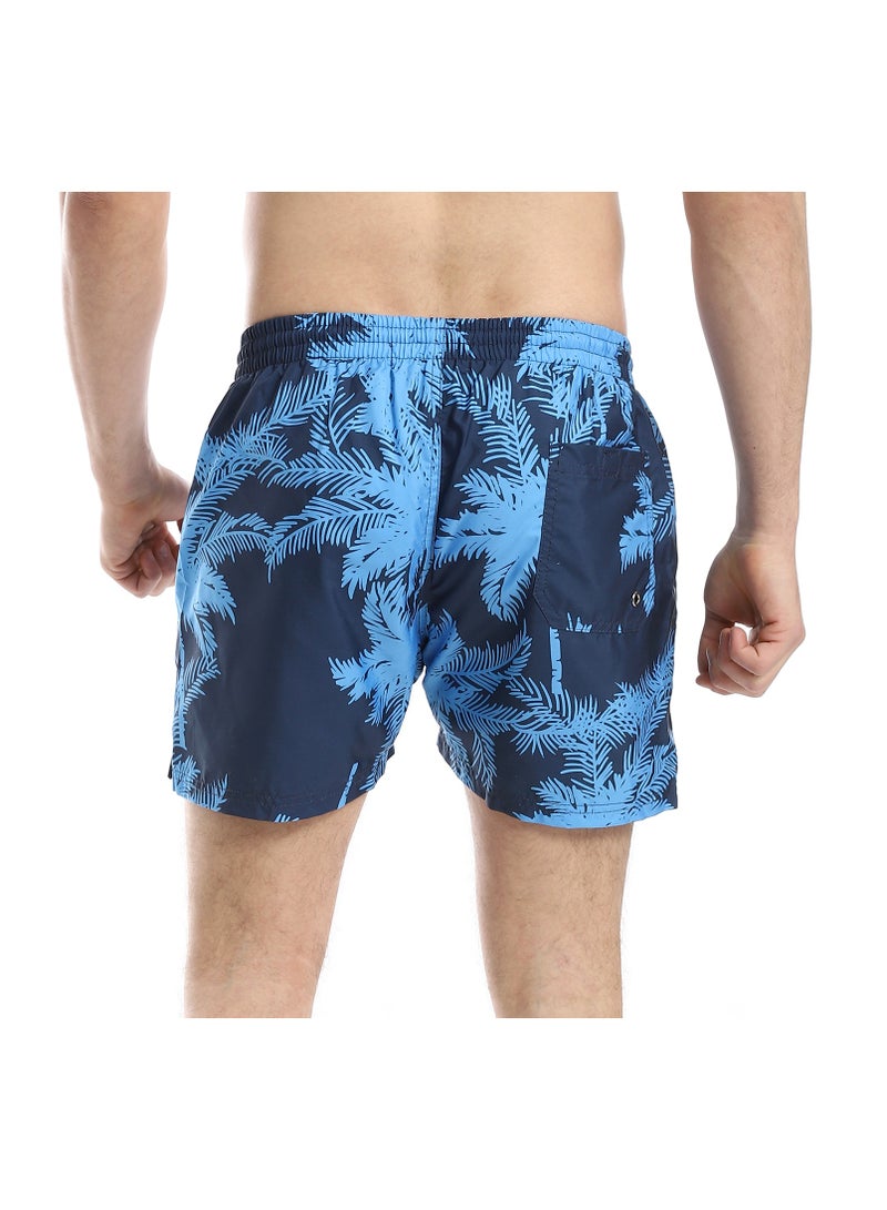 Pavone Palm Pattern Elastic Waist Swim Shorts - Shades of Blue - Image 3