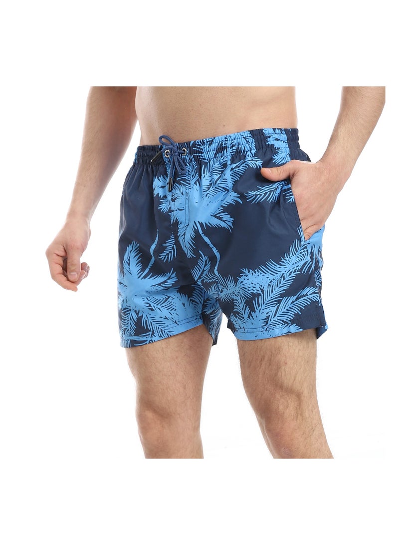 Pavone Palm Pattern Elastic Waist Swim Shorts - Shades of Blue - Image 2
