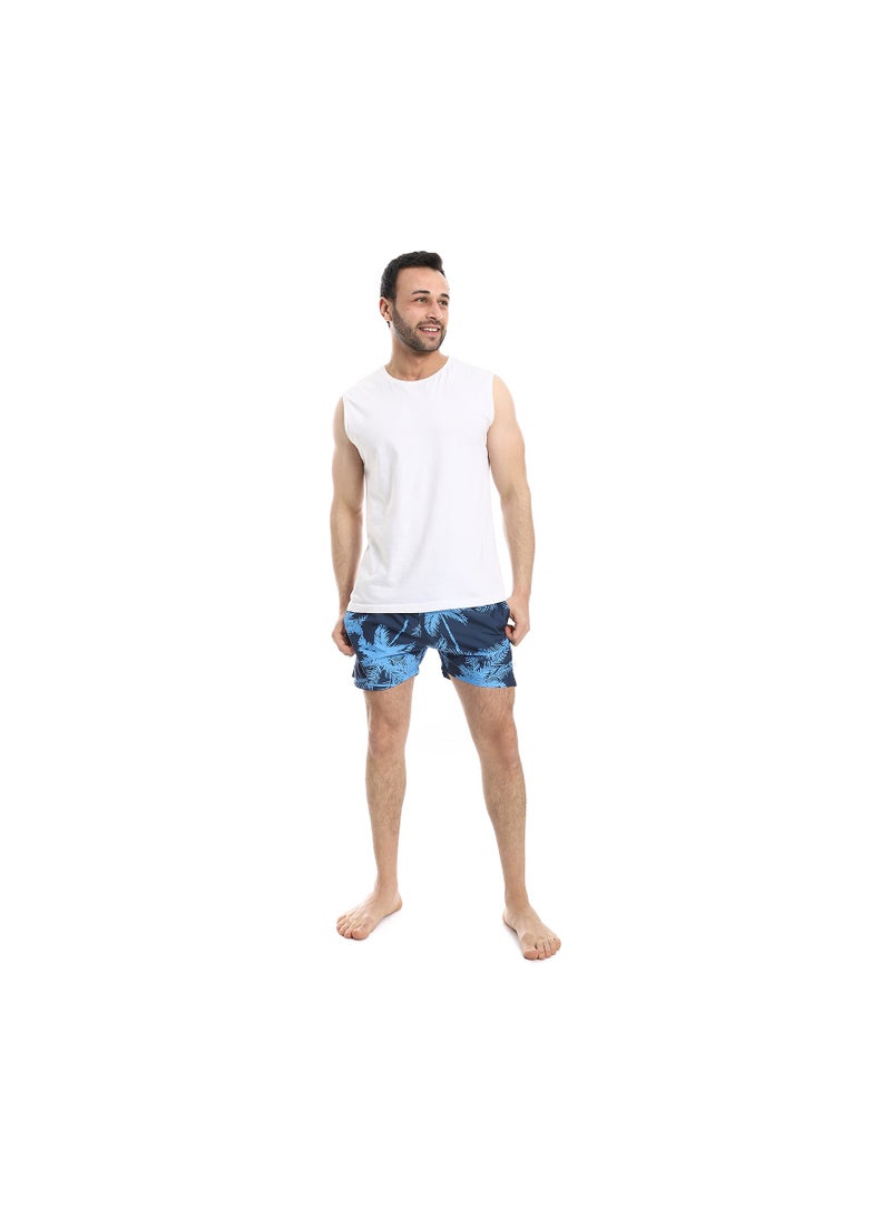 Pavone Palm Pattern Elastic Waist Swim Shorts - Shades of Blue - Image 5