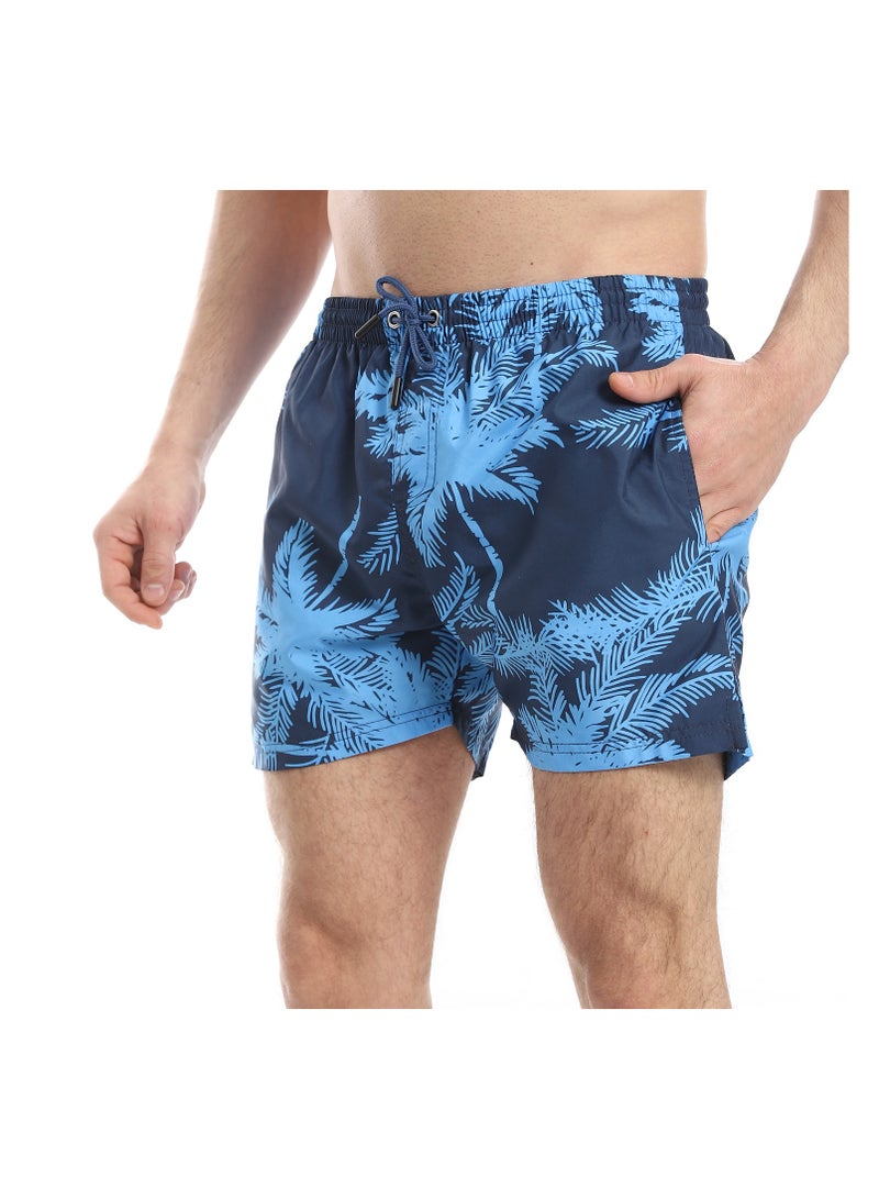 Pavone Palm Pattern Elastic Waist Swim Shorts - Shades of Blue - Image 4