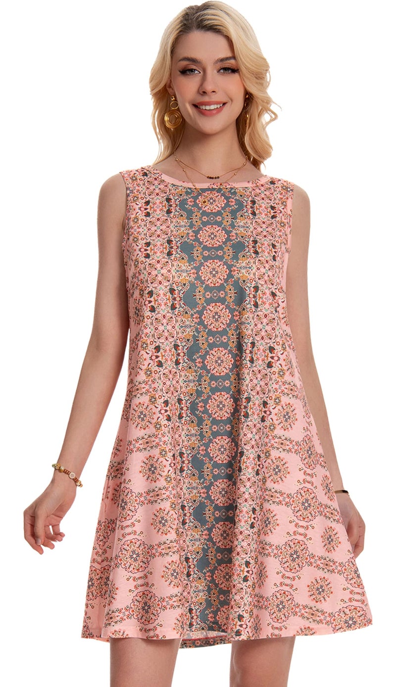 elescat Sundress for Women Floral Bohemian Dress Sleeveless Loose Aline Beach Cover Up(Pink Boho Flower,M) - Image 5