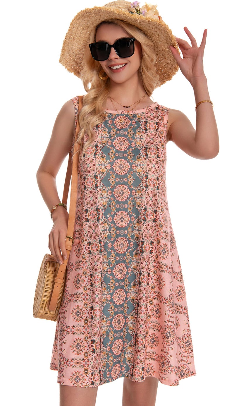 elescat Sundress for Women Floral Bohemian Dress Sleeveless Loose Aline Beach Cover Up(Pink Boho Flower,M) - Image 3