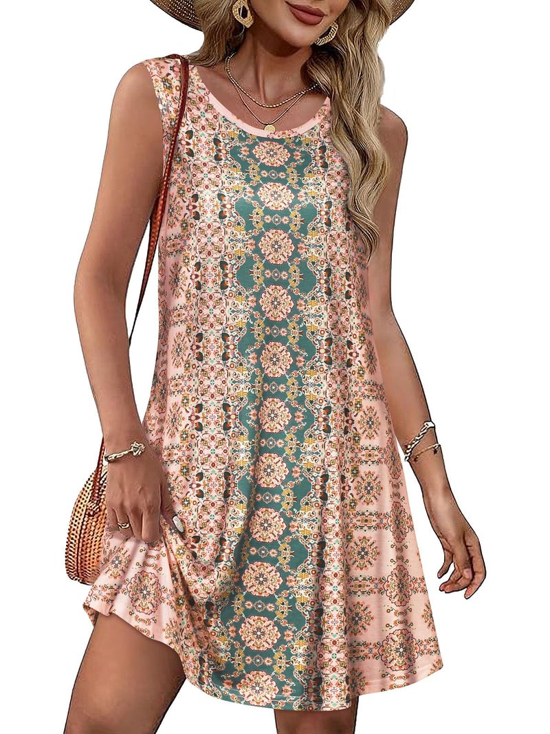 elescat Sundress for Women Floral Bohemian Dress Sleeveless Loose Aline Beach Cover Up(Pink Boho Flower,M) - Image 1