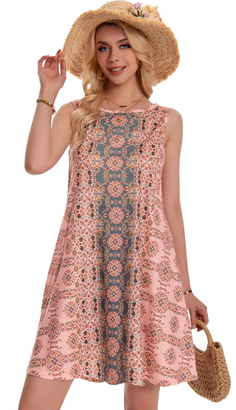 elescat Sundress for Women Floral Bohemian Dress Sleeveless Loose Aline Beach Cover Up(Pink Boho Flower,M) - Image 4
