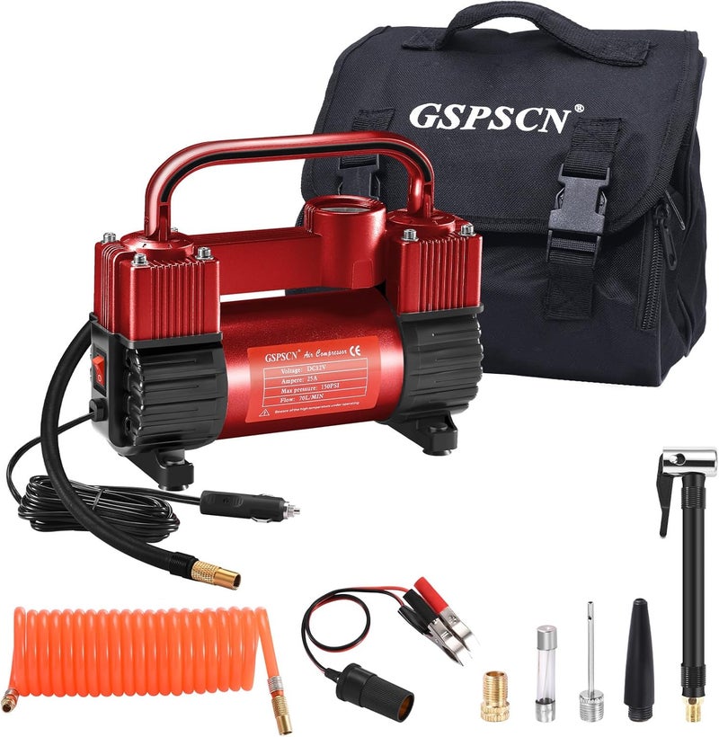 GSPSCN 6X Faster Inflation Tire Inflator Heavy Duty Double Cylinders with Portable Bag- Car Accessories，Metal 12V Air Compressor Pump 150PSI with Adapter for Car, Truck, SUV Tires, Dinghy, Air Bed - Image 1
