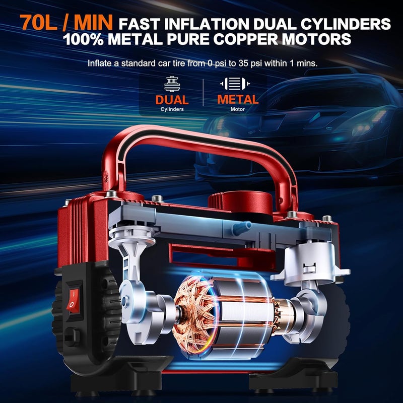 GSPSCN 6X Faster Inflation Tire Inflator Heavy Duty Double Cylinders with Portable Bag- Car Accessories，Metal 12V Air Compressor Pump 150PSI with Adapter for Car, Truck, SUV Tires, Dinghy, Air Bed - Image 5