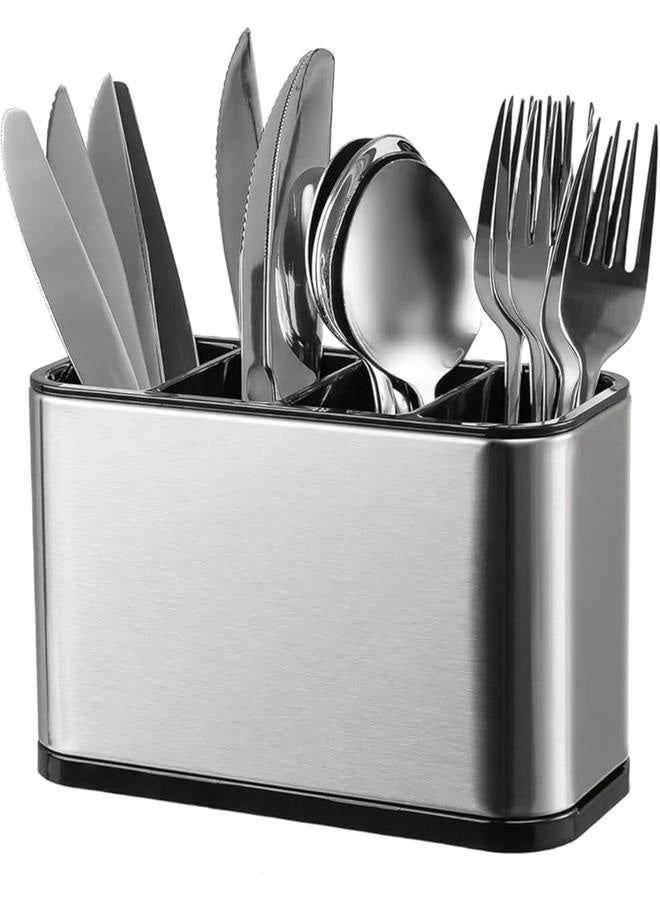 Kitchen Utensil Crock Holder 4 Divider Stainless Steel Kitchen Storage Organiser Cutlery Holder Anti Slip Water Draining Design Easy to Clean for All Kitchens Countertop  - Image 1