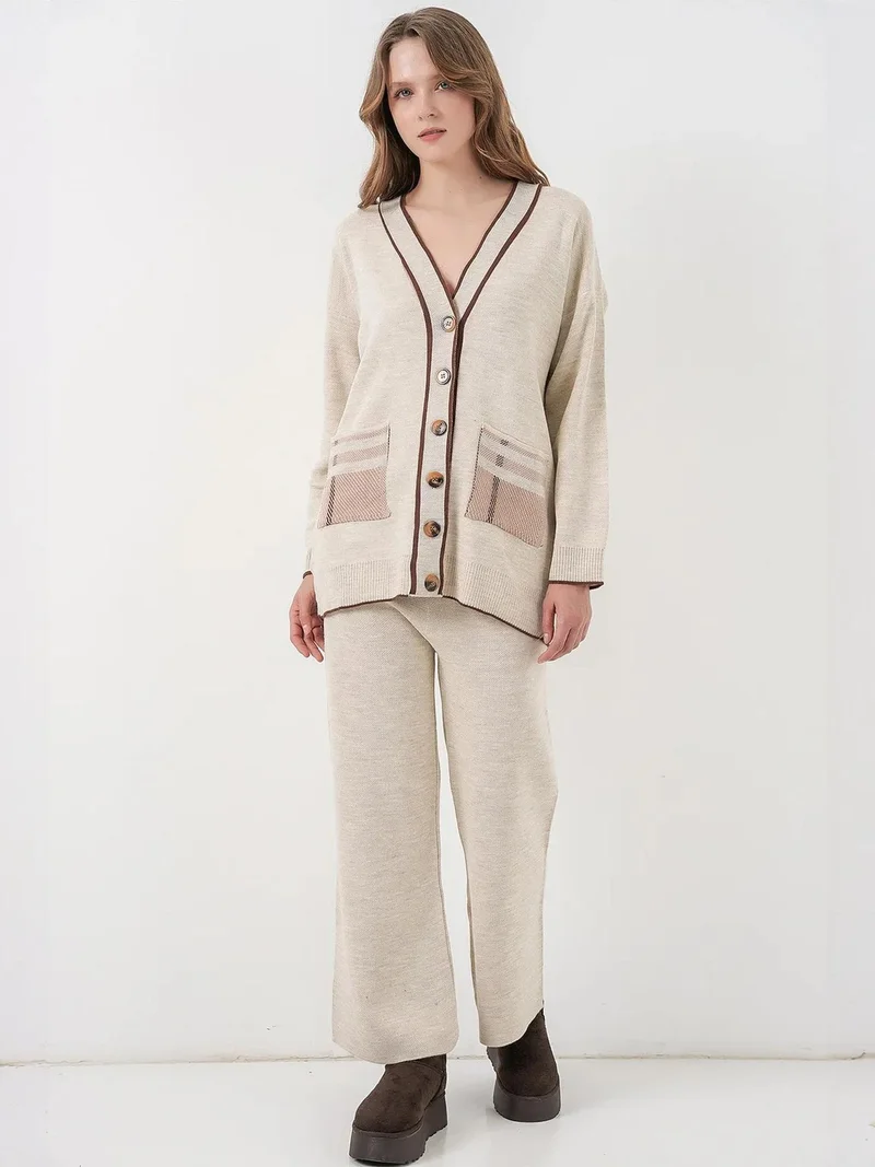 BIG DART BDART Pocket Detailed V-neck Cardigan and Wide Leg Pants Set