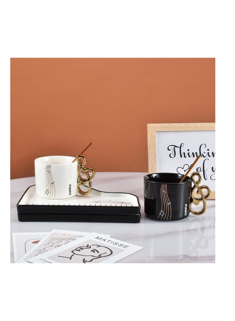 SOLARAE Ceramic Coffee Mug Saucer Set, 6.5 oz/200 ml, Creative Cute Piano Shaped Cup with Spoon and Saucer for Office and Home, for Tea Latte Milk, Elegant White - Image 5