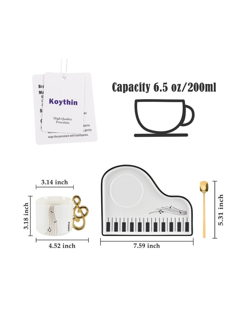 SOLARAE Ceramic Coffee Mug Saucer Set, 6.5 oz/200 ml, Creative Cute Piano Shaped Cup with Spoon and Saucer for Office and Home, for Tea Latte Milk, Elegant White - Image 2