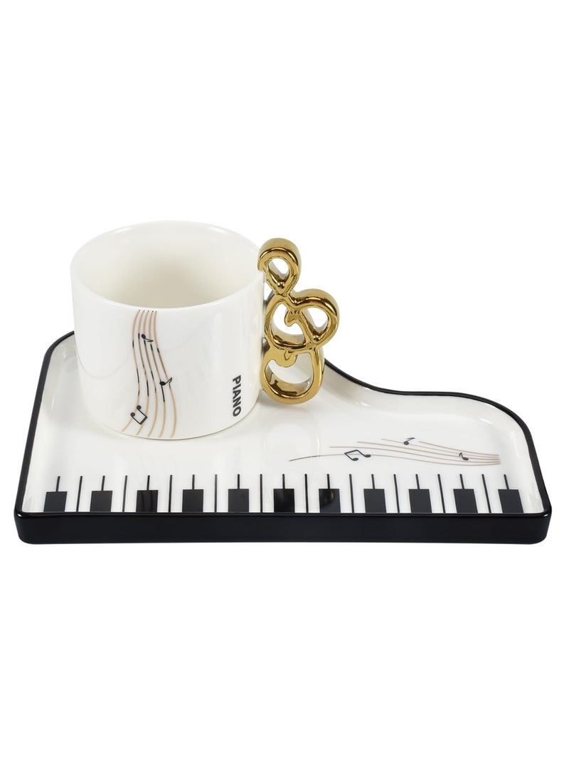 SOLARAE Ceramic Coffee Mug Saucer Set, 6.5 oz/200 ml, Creative Cute Piano Shaped Cup with Spoon and Saucer for Office and Home, for Tea Latte Milk, Elegant White - Image 1