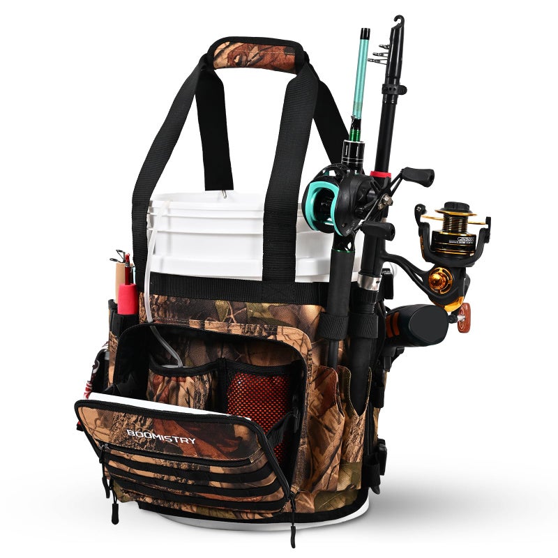 Boomistry Fishing Bucket Organizer for 5 Gallon Bucket Accessories, Fishing Tackle Bag with Adjustable Buckle, Fishing Rod Bag with 15 Multi-Pockets for Fishing Gear and Equipment (Brown Camo) - Image 1
