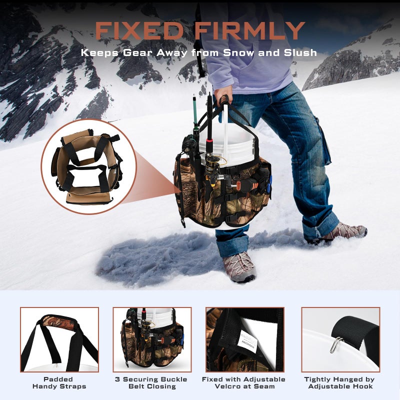 Boomistry Fishing Bucket Organizer for 5 Gallon Bucket Accessories, Fishing Tackle Bag with Adjustable Buckle, Fishing Rod Bag with 15 Multi-Pockets for Fishing Gear and Equipment (Brown Camo) - Image 5