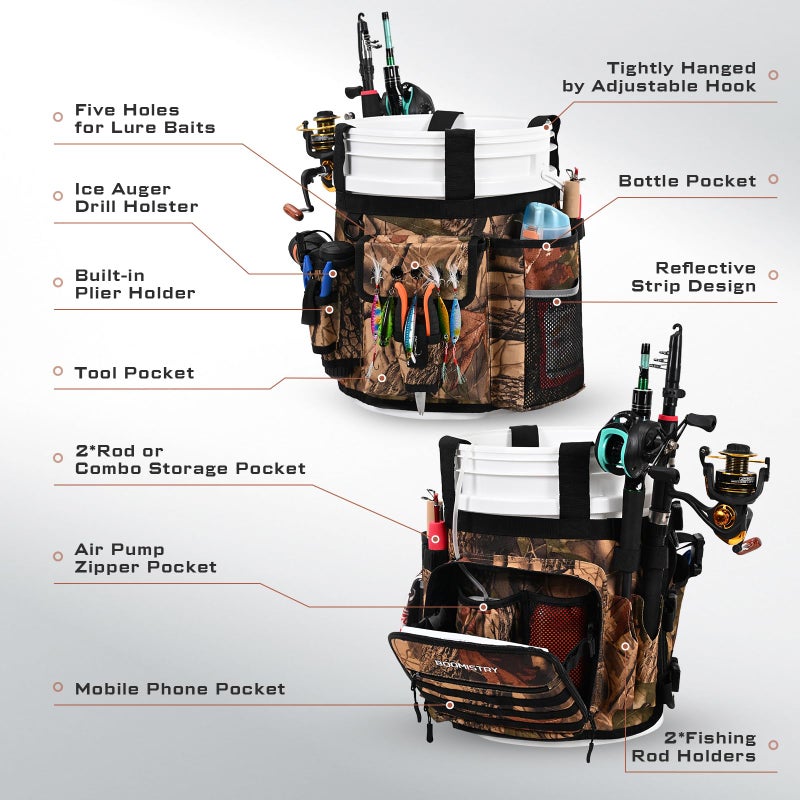Boomistry Fishing Bucket Organizer for 5 Gallon Bucket Accessories, Fishing Tackle Bag with Adjustable Buckle, Fishing Rod Bag with 15 Multi-Pockets for Fishing Gear and Equipment (Brown Camo) - Image 3