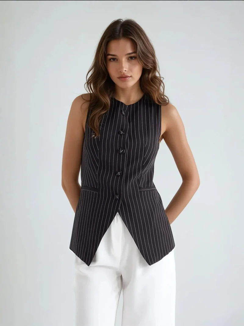 HICCUP Striped Crew Neck Buttoned Vest