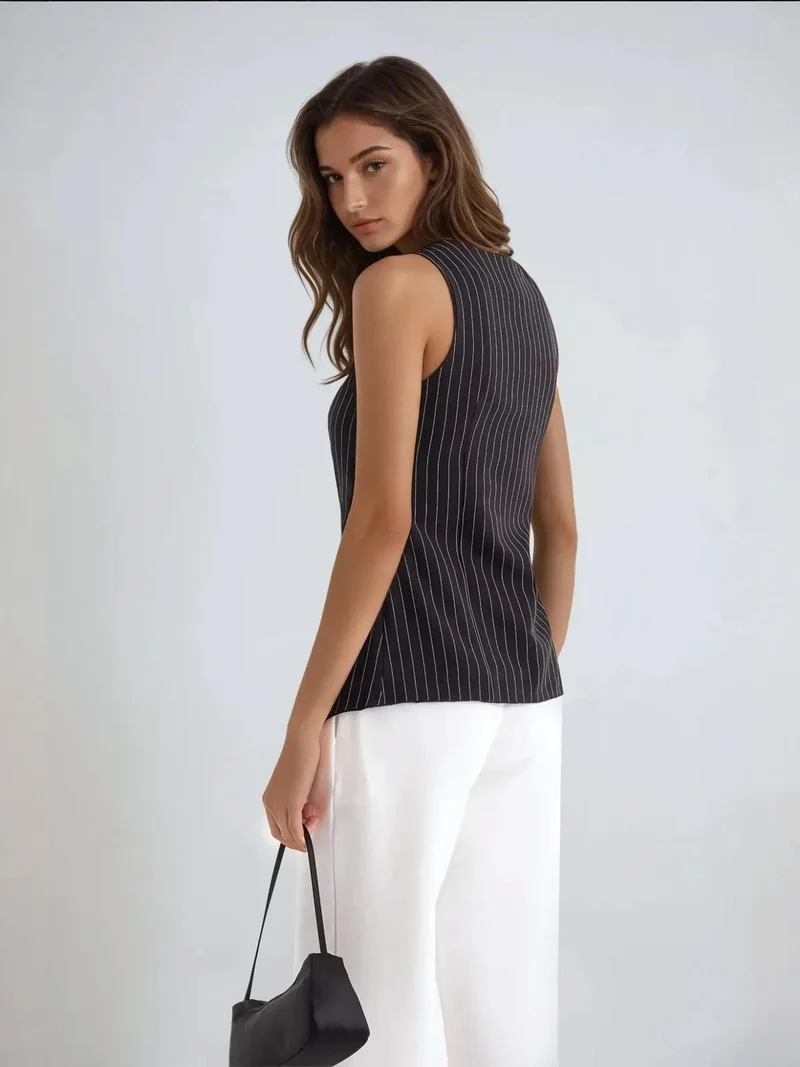 HICCUP Striped Crew Neck Buttoned Vest