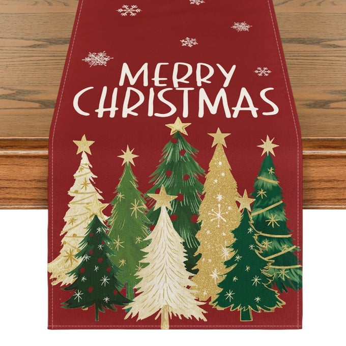 XMAS TREES SNOWFLAKES RED MERRY CHRISTMAS TABLE RUNNER WINTER SEASONAL KITCHEN DINING TABLE DECORATION FOR HOME PARTY DECOR 13X72 INCH