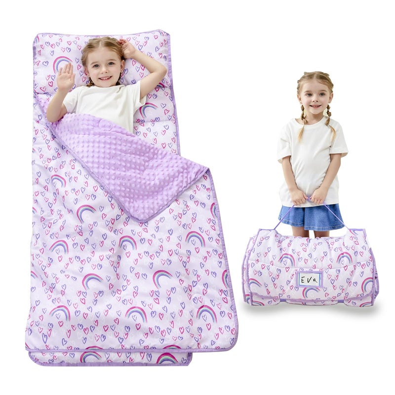 Lasoftan Toddler Nap Mat with Pillow and Blanket, Extra Large Rolled Napping Mats,Toddler Nap mats for Boys Girls, Kids Sleeping Mat for Daycare, Preschool Travel Camping, Rainbow - Image 1