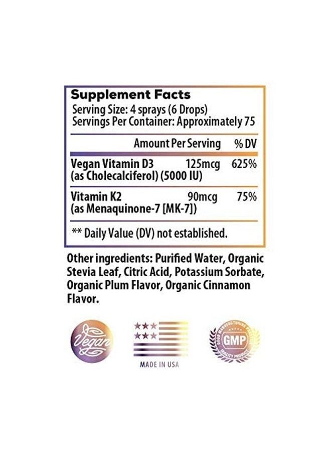 Ideal Infusion - Vegan Vitamin D3 5000 iu with K2 (MK-7) Liquid Spray: Organic Plum with Cinnamon - Bone Health, Immune Support, Bone Structure (75 Servings) - Image 1