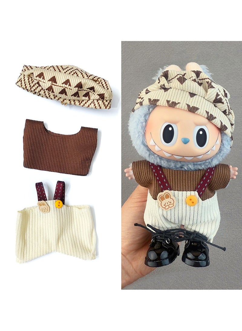 LABUBU Labubu Earth Tone Knit Set for 17cm Doll - Brown Sweater + White Denim Overalls & Printed Cap (Doll/Shoes Not Included) 