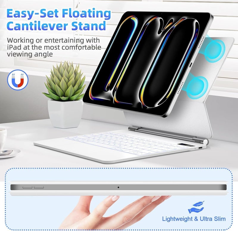 آرترابيت 【عربي إنجليزي】لوحة مفاتيح سحرية لجهاز Samsung Galaxy Tab S10+/S9+/S9 FE+/S8+/S7+/S7 FE مقاس 12.4 بوصة، حافظة لوحة مفاتيح مع حامل مغناطيسي، شاشة LCD، لوحة لمس متعددة اللمس، إضاءة خلفية بـ 7 ألوان، أبيض - Image 4