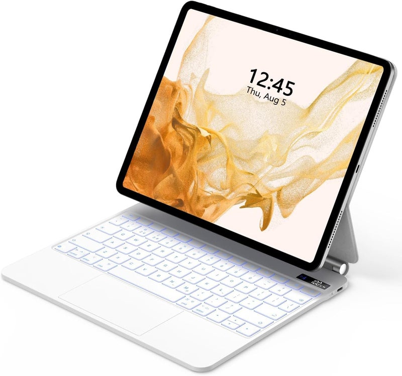 آرترابيت 【عربي إنجليزي】لوحة مفاتيح سحرية لجهاز Samsung Galaxy Tab S10+/S9+/S9 FE+/S8+/S7+/S7 FE مقاس 12.4 بوصة، حافظة لوحة مفاتيح مع حامل مغناطيسي، شاشة LCD، لوحة لمس متعددة اللمس، إضاءة خلفية بـ 7 ألوان، أبيض - Image 1