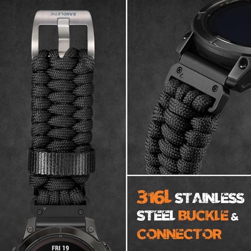Bandletic حزام Bandletic متوافق مع ساعة Garmin Fenix 5X - حزام بارا كورد عسكري للبقاء على قيد الحياة، سريع التركيب 26 مم لساعة Fenix 8 51 مم/7X/7X Pro/6X/6X Pro/5X Plus/3/3 HR/Instinct 3 50 مم/2X/Tactix/Enduro/Descent - Image 5