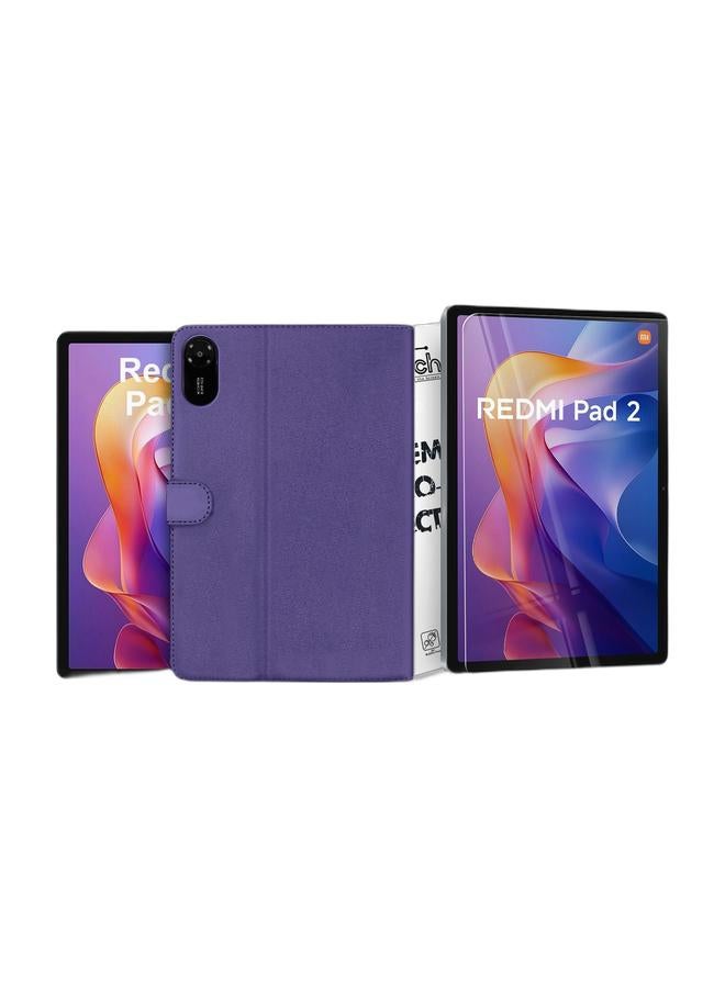 OMAKER Xiaomi Redmi Pad 2 4G 2025 (11.0 inches) OMAKER PU Leather Magnetic Closure Flip Case Cover (TCFPSR) - Eggplant Purple & Xiaomi Redmi Pad 2 2025 (11.0 inches) 9H Ultra HD Tempered Glass Tablet Screen Protector (TSG9CN) - Clear Bundle - Image 1