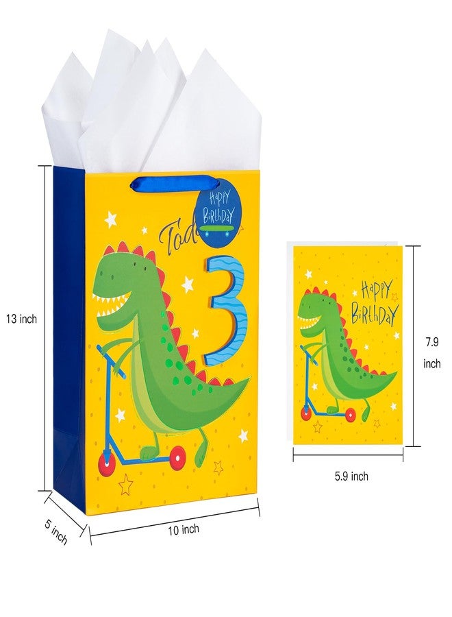 WRAPAHOLIC 13" Large 3rd Dinosaur Birthday Gift Bag with Card and Tissue Paper - Adorable Dinosaur and Today 3 Lettering for Boys Birthday - Image 2