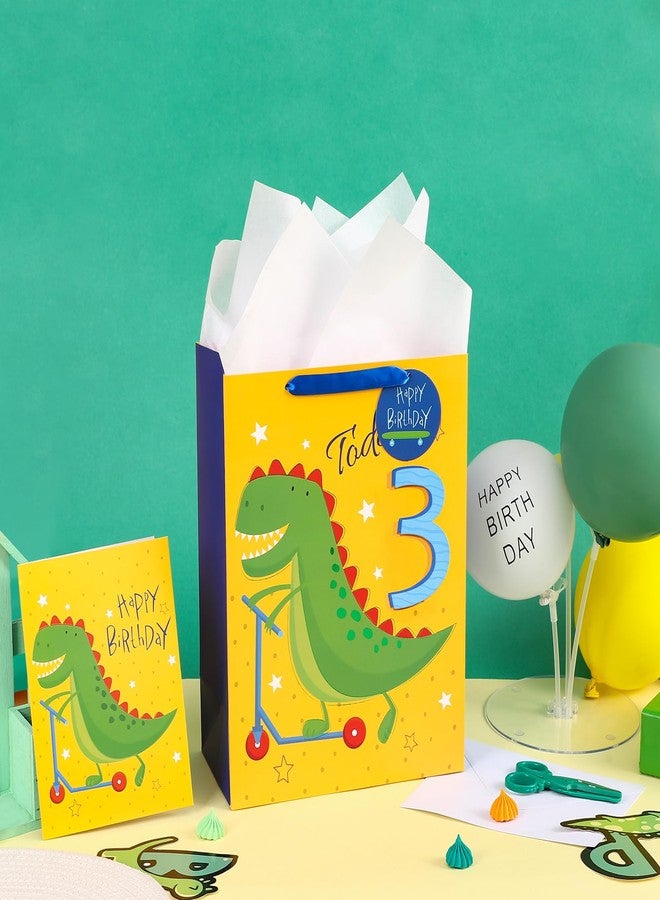 WRAPAHOLIC 13" Large 3rd Dinosaur Birthday Gift Bag with Card and Tissue Paper - Adorable Dinosaur and Today 3 Lettering for Boys Birthday - Image 4