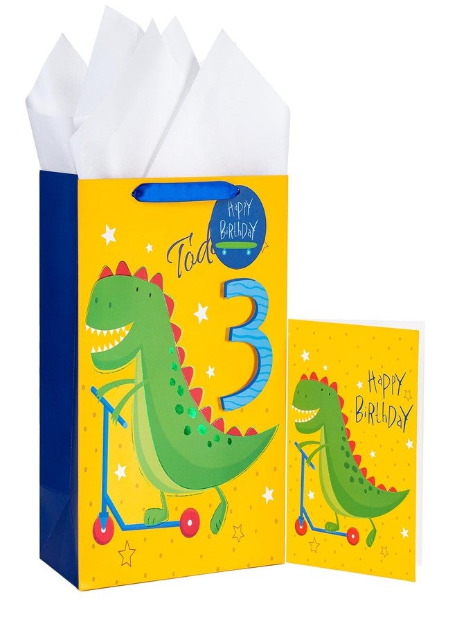 WRAPAHOLIC 13" Large 3rd Dinosaur Birthday Gift Bag with Card and Tissue Paper - Adorable Dinosaur and Today 3 Lettering for Boys Birthday - Image 1