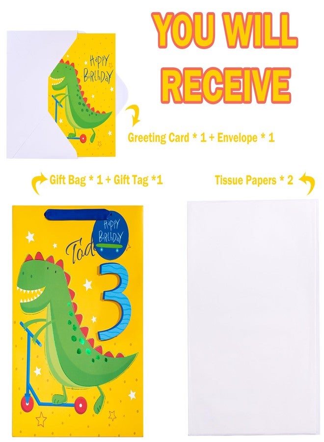 WRAPAHOLIC 13" Large 3rd Dinosaur Birthday Gift Bag with Card and Tissue Paper - Adorable Dinosaur and Today 3 Lettering for Boys Birthday - Image 3