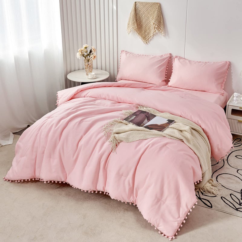 PERFEMET PERFEMET 5 Pcs Pink Pom Pom Comforter Twin Size Aesthetic Boho Pom Fringe Bedding Set with Sheet Ultra Soft Lightweight Farmhouse Bedding Quilt Set for Girls Kids(Pink, Twin)  - Image 1