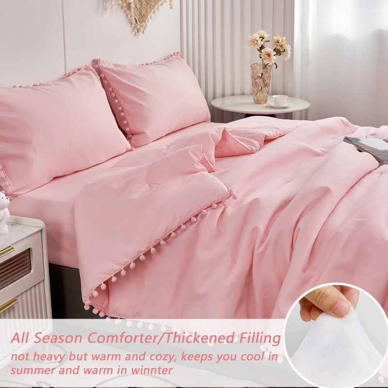 PERFEMET PERFEMET 5 Pcs Pink Pom Pom Comforter Twin Size Aesthetic Boho Pom Fringe Bedding Set with Sheet Ultra Soft Lightweight Farmhouse Bedding Quilt Set for Girls Kids(Pink, Twin)  - Image 5