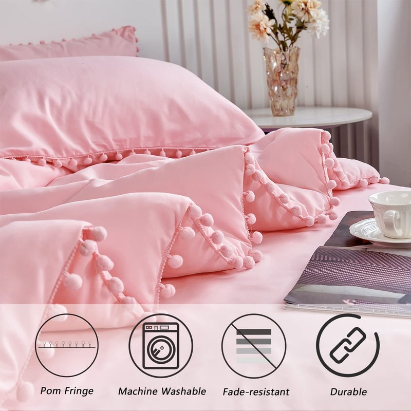 PERFEMET PERFEMET 5 Pcs Pink Pom Pom Comforter Twin Size Aesthetic Boho Pom Fringe Bedding Set with Sheet Ultra Soft Lightweight Farmhouse Bedding Quilt Set for Girls Kids(Pink, Twin)  - Image 4