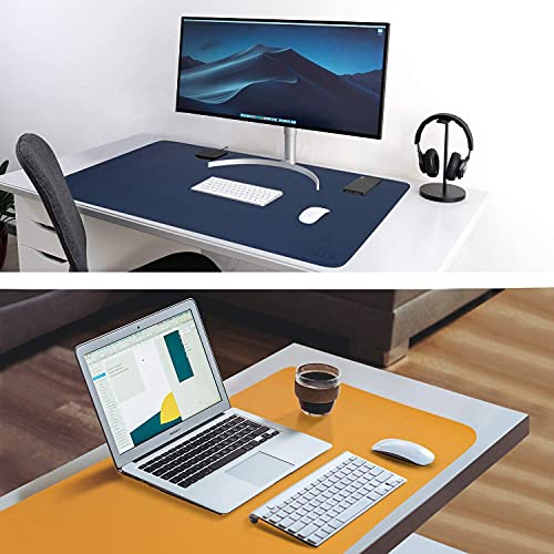 SHIDHMI Desk Pad, PU Leather Office Desk Mat, Dual Side, Ultra Thin, Extra Large, Waterproof Desk Blotter, Laptop Mouse Pad Table Protector for Office and Home (Navy Blue + Orange) - Image 2