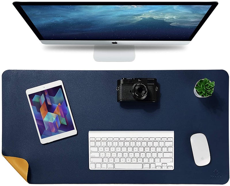 SHIDHMI Desk Pad, PU Leather Office Desk Mat, Dual Side, Ultra Thin, Extra Large, Waterproof Desk Blotter, Laptop Mouse Pad Table Protector for Office and Home (Navy Blue + Orange) - Image 5