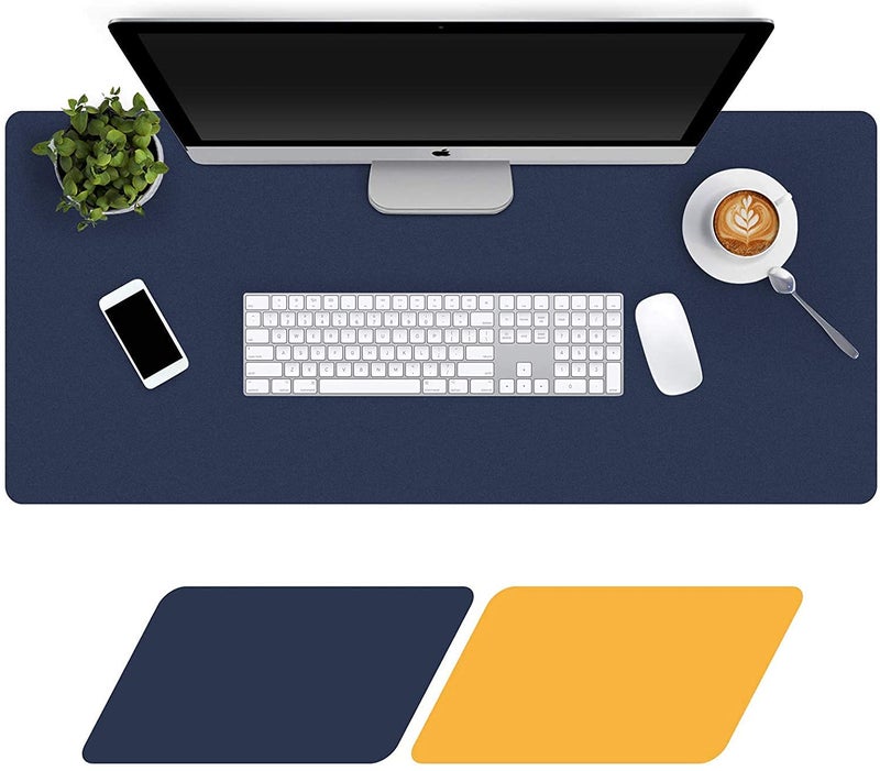 SHIDHMI Desk Pad, PU Leather Office Desk Mat, Dual Side, Ultra Thin, Extra Large, Waterproof Desk Blotter, Laptop Mouse Pad Table Protector for Office and Home (Navy Blue + Orange) - Image 1