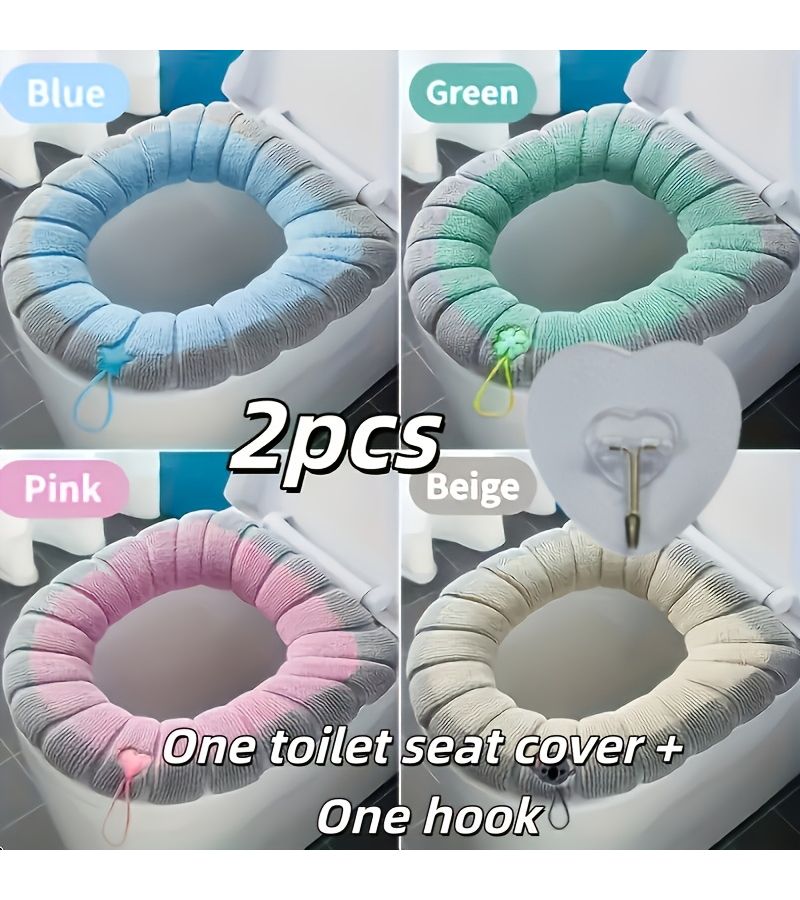 2pcs Set 1pcs Dual Color Thickened Toilet Seat Cushion Cover With Hook Soft Comfortable Warm Non Slip Washable Quick Dry Durable Lint Free Easy Clean - Image 2